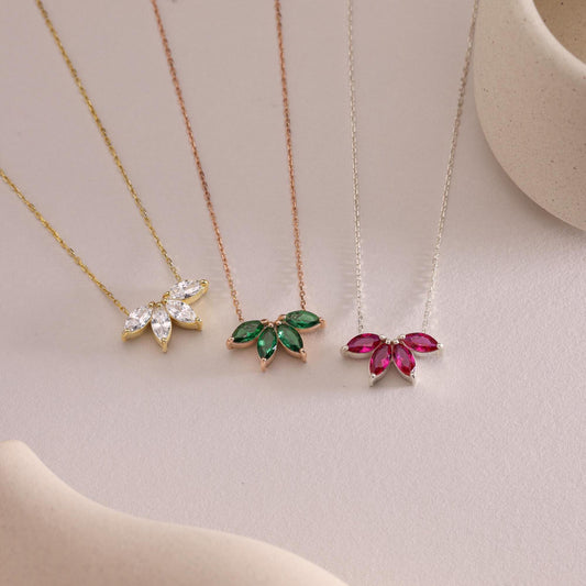 14K Solid Gold Birthstone Necklace: Marquise Flower Petal Diamond Pendant