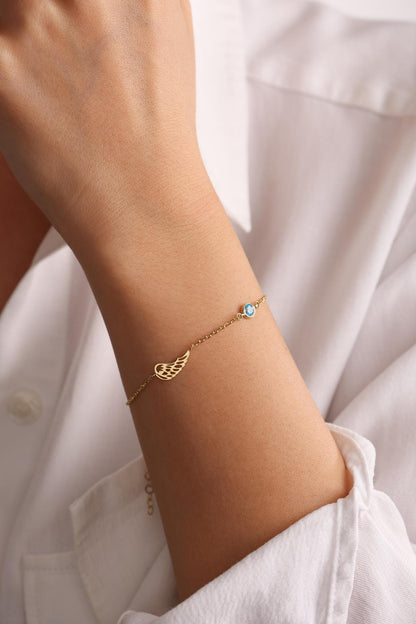 Angel wing Bracelet, Custom Birthstone Gift for Her, Guardian Angel, Dainty Sentimental Memorial Jewelry, Loss of Loved One