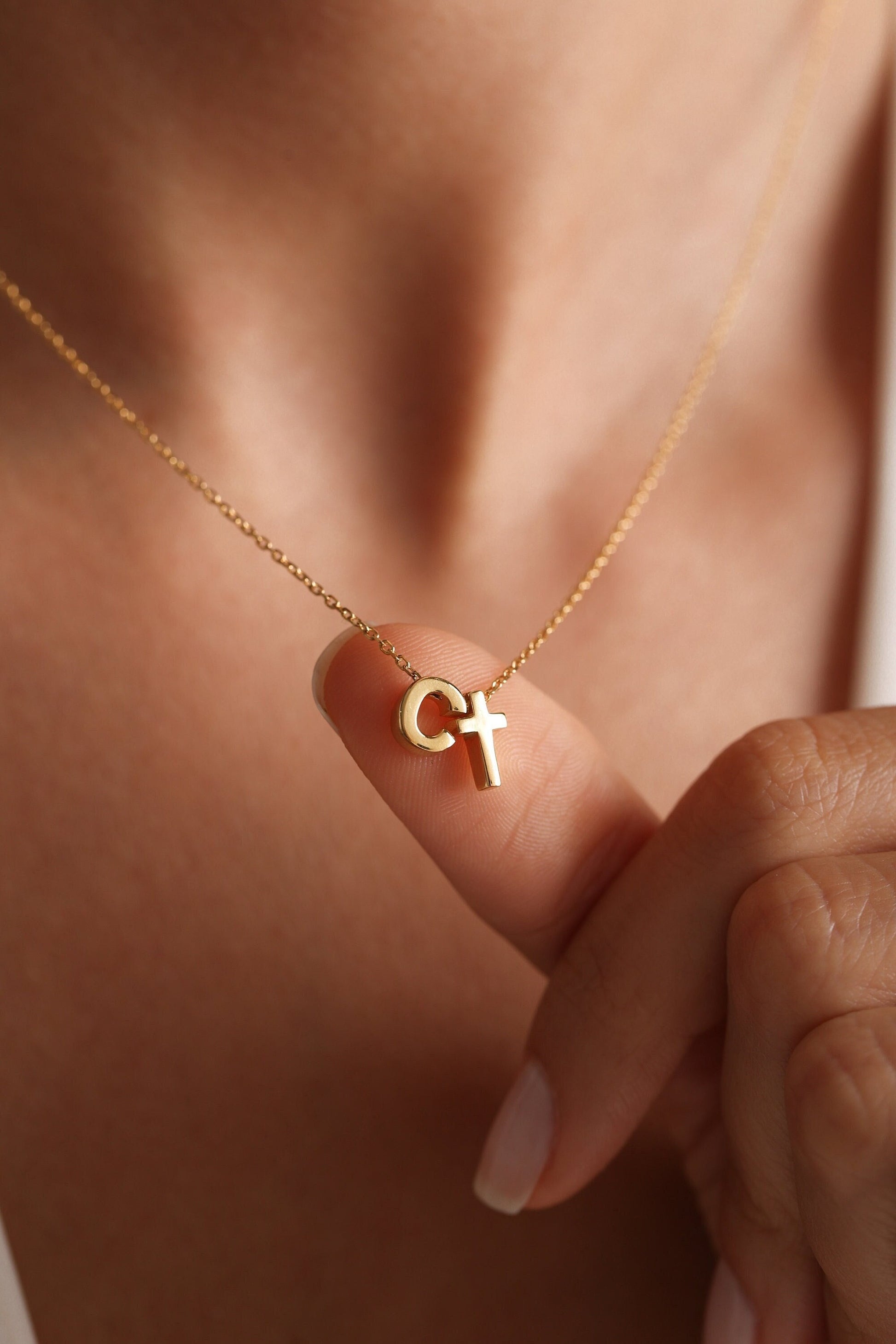 Cross Necklace with initial,Dainty Gold Cross Necklace,Gift for Her,Tiny Cross Necklace, Confirmation Gift,Baptism Gift,Minimalist Necklace