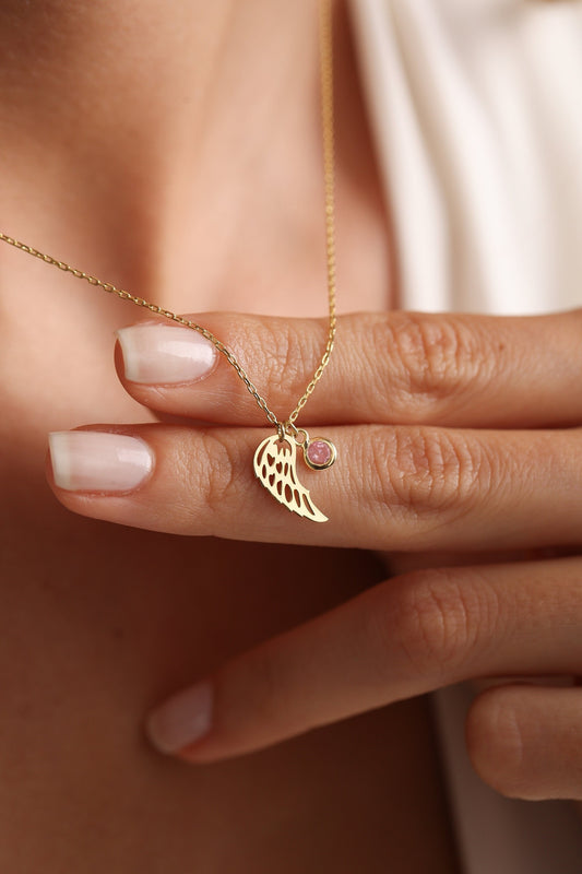 Birthstone Angel Wing Necklace for Women, Guardian Angel Baby Loss Miscarriage Sentimental Sympathy Gift for Her, Dainty Memorial