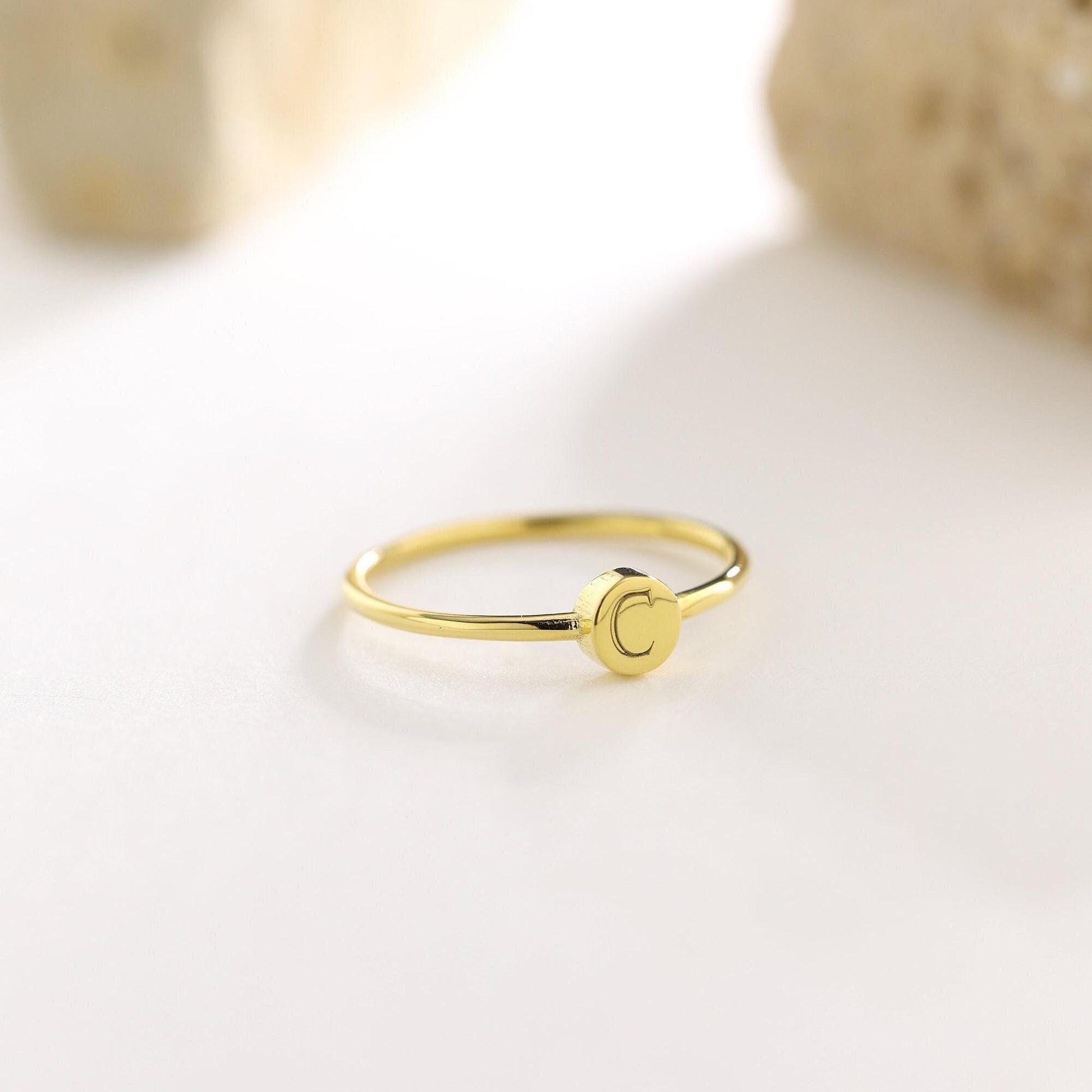 Dainty Engraved Initial Signet Ring: Personalized Sterling Silver Pinky Ring