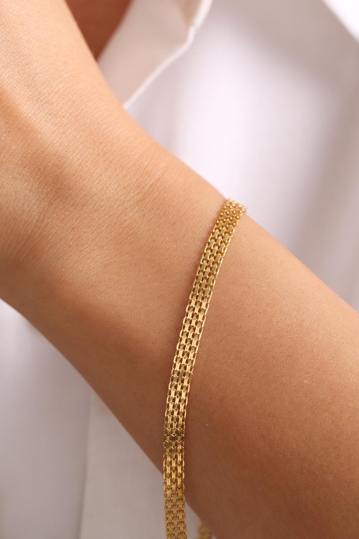14K Gold Bismark Chain Bracelet: Braided Mesh, Elegant Golden Jewelry