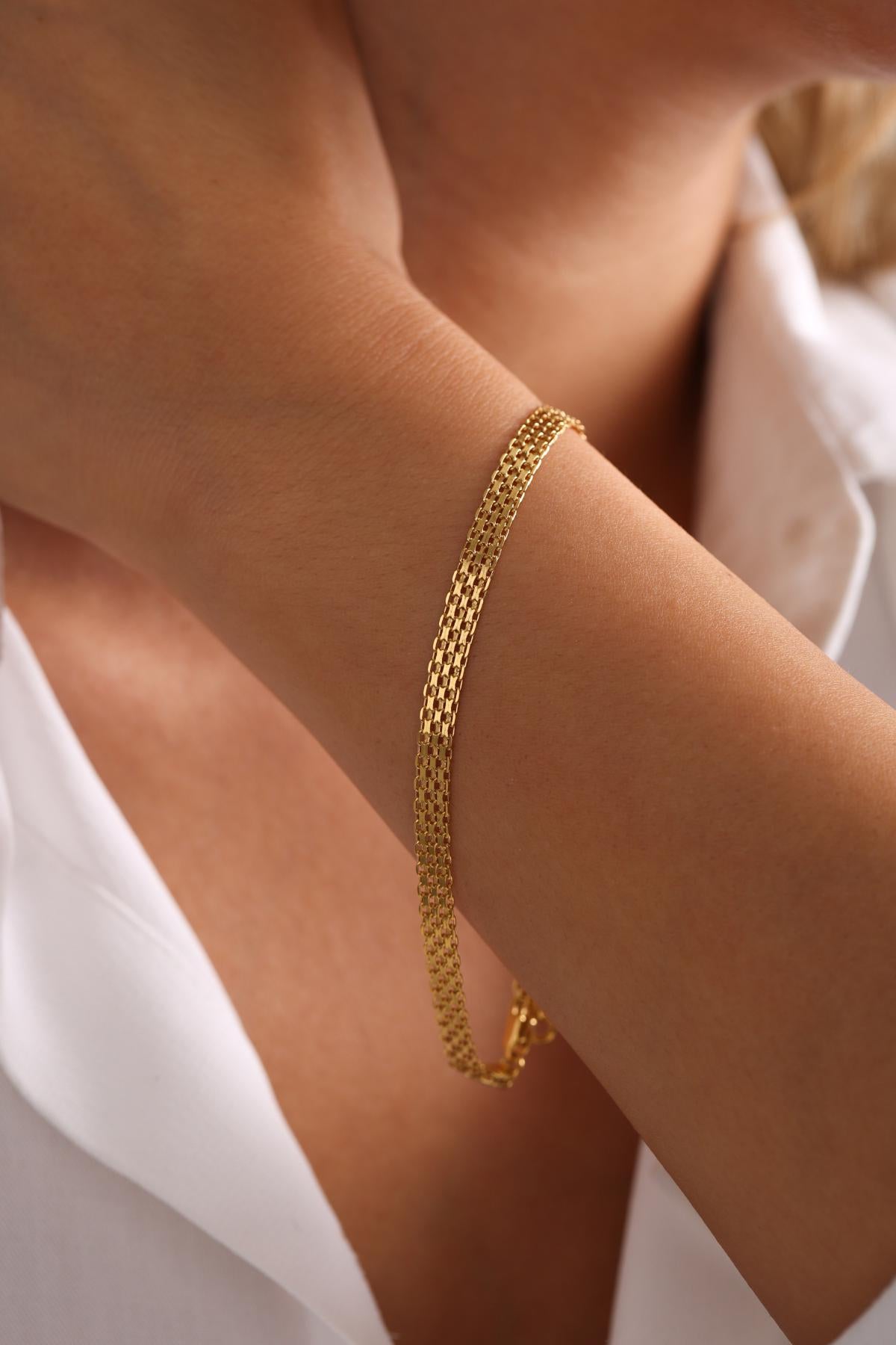 14K Gold Bismark Bracelet • Real Gold Mesh Chain • Dainty Gold Bracelet • Elegant Bismark Bracelet for Women