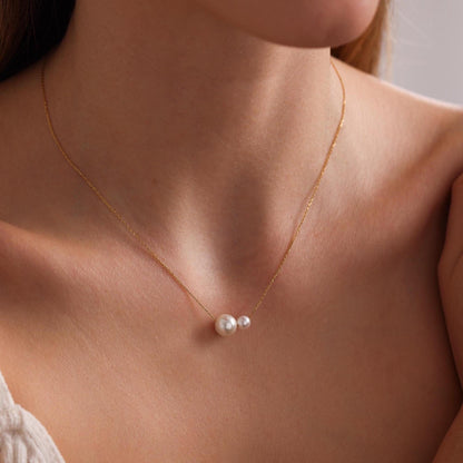 Dainty Two Pearls Necklace, Minimalist Freshwater Pearl Necklace, Wedding Necklace, Mothers Necklace,Bridesmaid Gift for Her,Wedding Jewelry