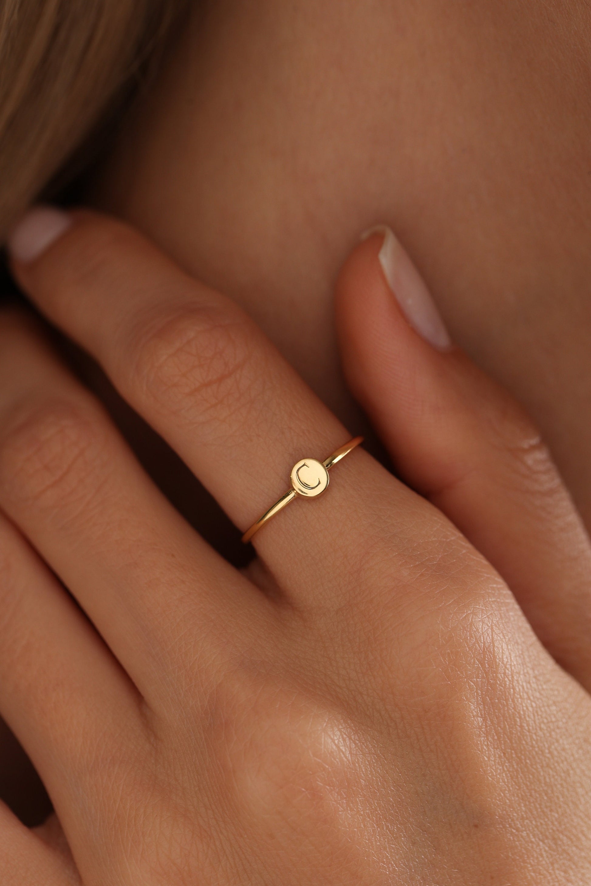 Dainty Engraved Initial Signet Ring: Personalized Sterling Silver Pinky Ring