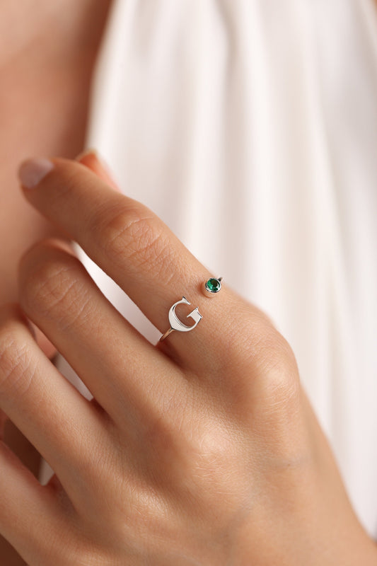 Personalized Birthstone Ring: Sterling Silver Initial Ring, Mother's Gift