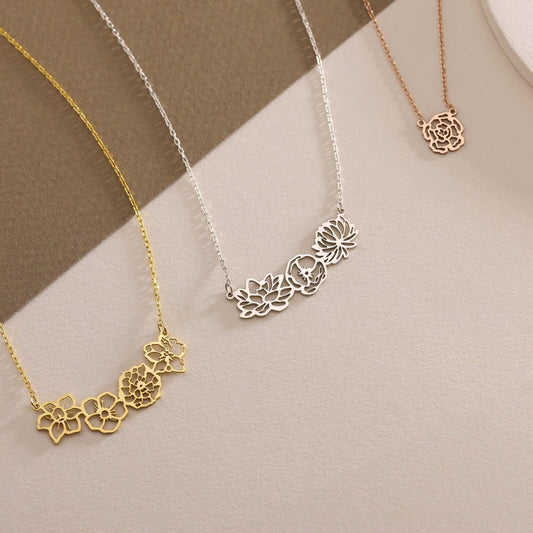 Dainty Birth Flower Necklace • 14K Gold Birth Bouquet Flower Necklace • Birth flower Family Gift • Personalized Gift • Bridesmaids Gift