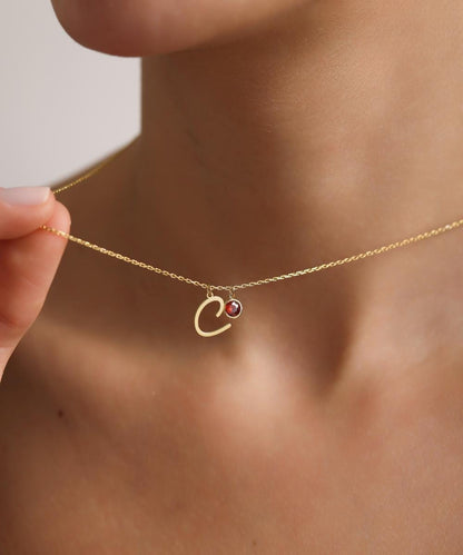 925 Sterling Silver Initial Necklace with Birthstone : Personalized Letter Jewelry , Christmas Gift for Her