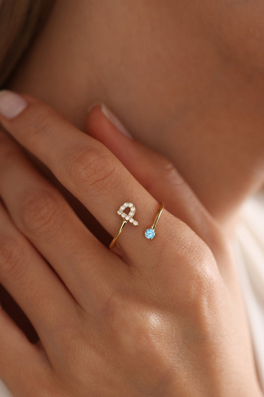 intial Birthstone Ring, Costum Birthstone Ring, Diamond Letter Birthstone Ring, Mother's Day Gift, 14K Gold initial Ring, Letter Ring