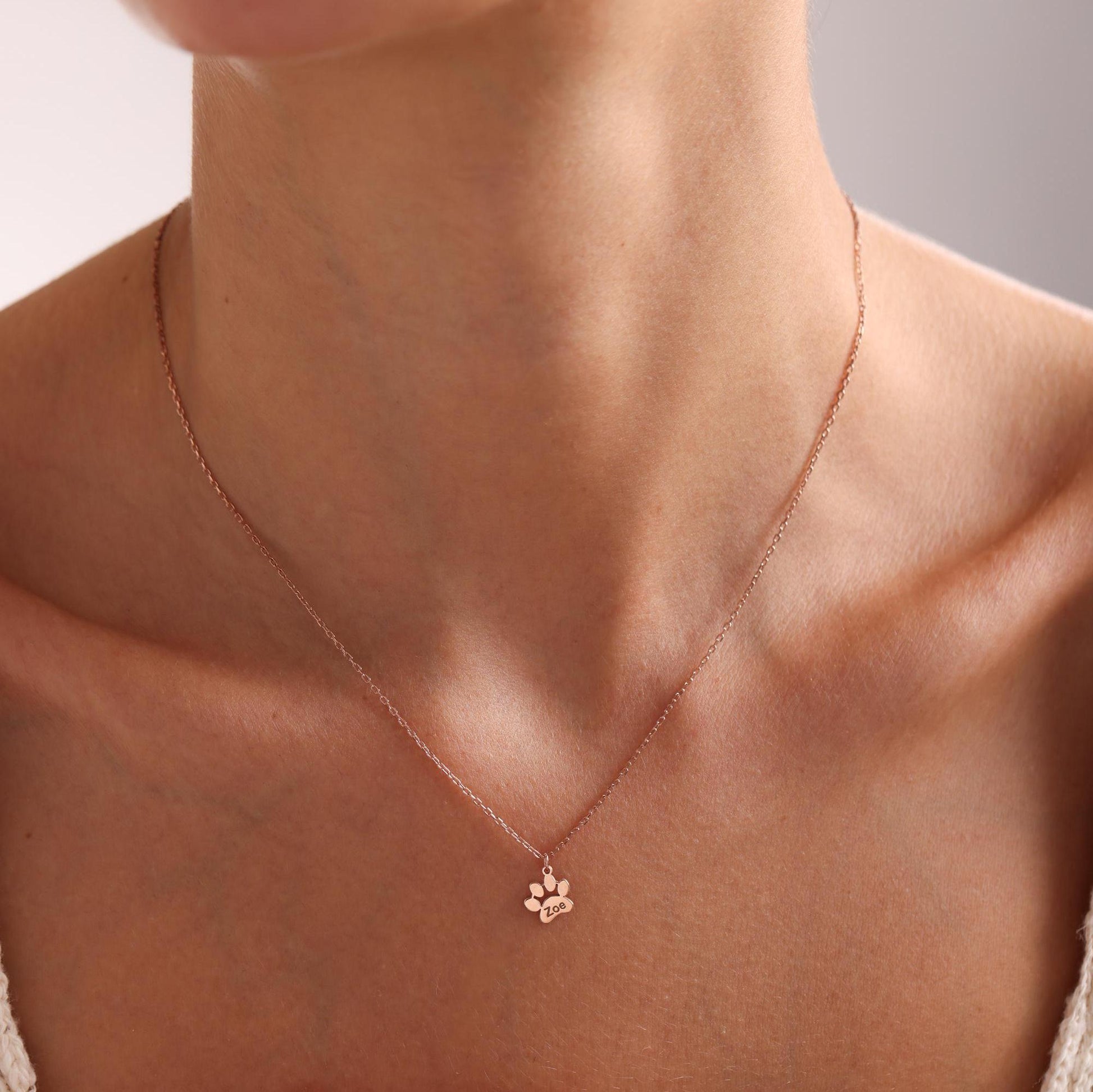 Engraved Paw Print Necklace, Personalized Tiny Dog Paw Necklace, 14K Gold Paw Necklace, Pet Jewelry