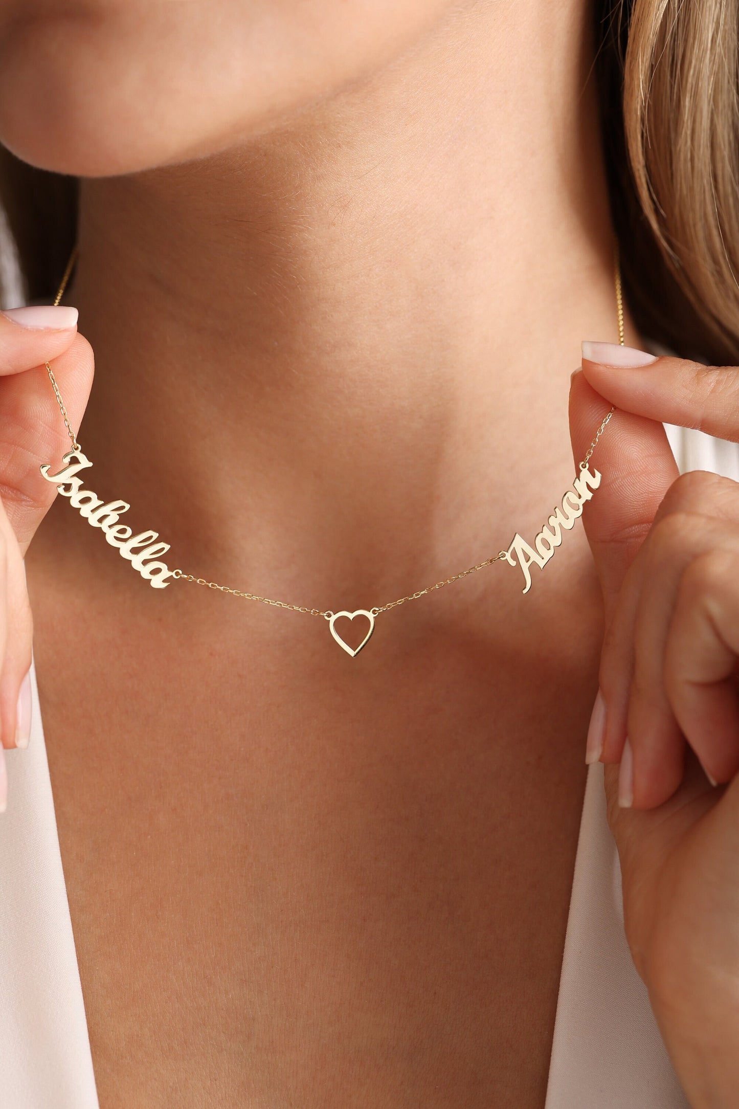 Personalized Two Names Necklace with Heart, Custom Gold Name Necklace