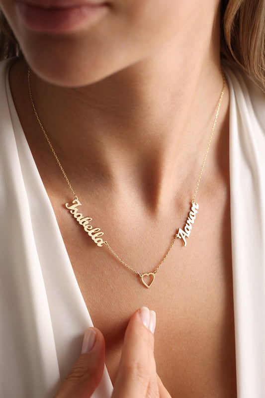 Personalized Two Names Necklace with Heart, Custom Gold Name Necklace