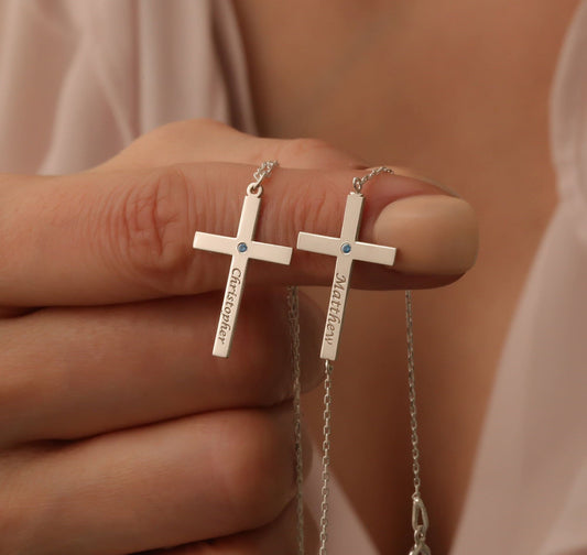 Custom Cross Name Necklace with Birthstone: Sterling Silver Christian Jewelry