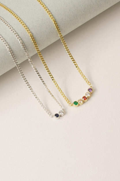Sterling Silver Family Birthstone Necklace, Personalized Curb Chain Necklace, Mothers Day Gift