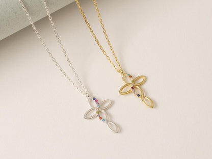 14K Gold Cross Necklace: Personalized Birthstone Family Necklace, Confirmation Gift, Baptism Gift, Minimalist Necklace, Mom Necklace