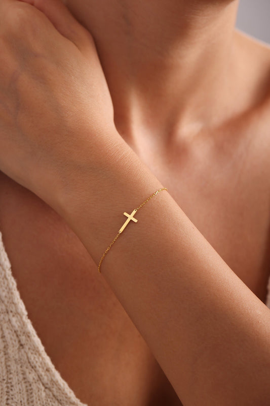 14K Gold Tiny Cross Bracelet, 925 Silver Dainty Cross Bracelet, Baptism Gift, Christian Gift, Religious Bracelet, Cross Jewelry,Gift for Her