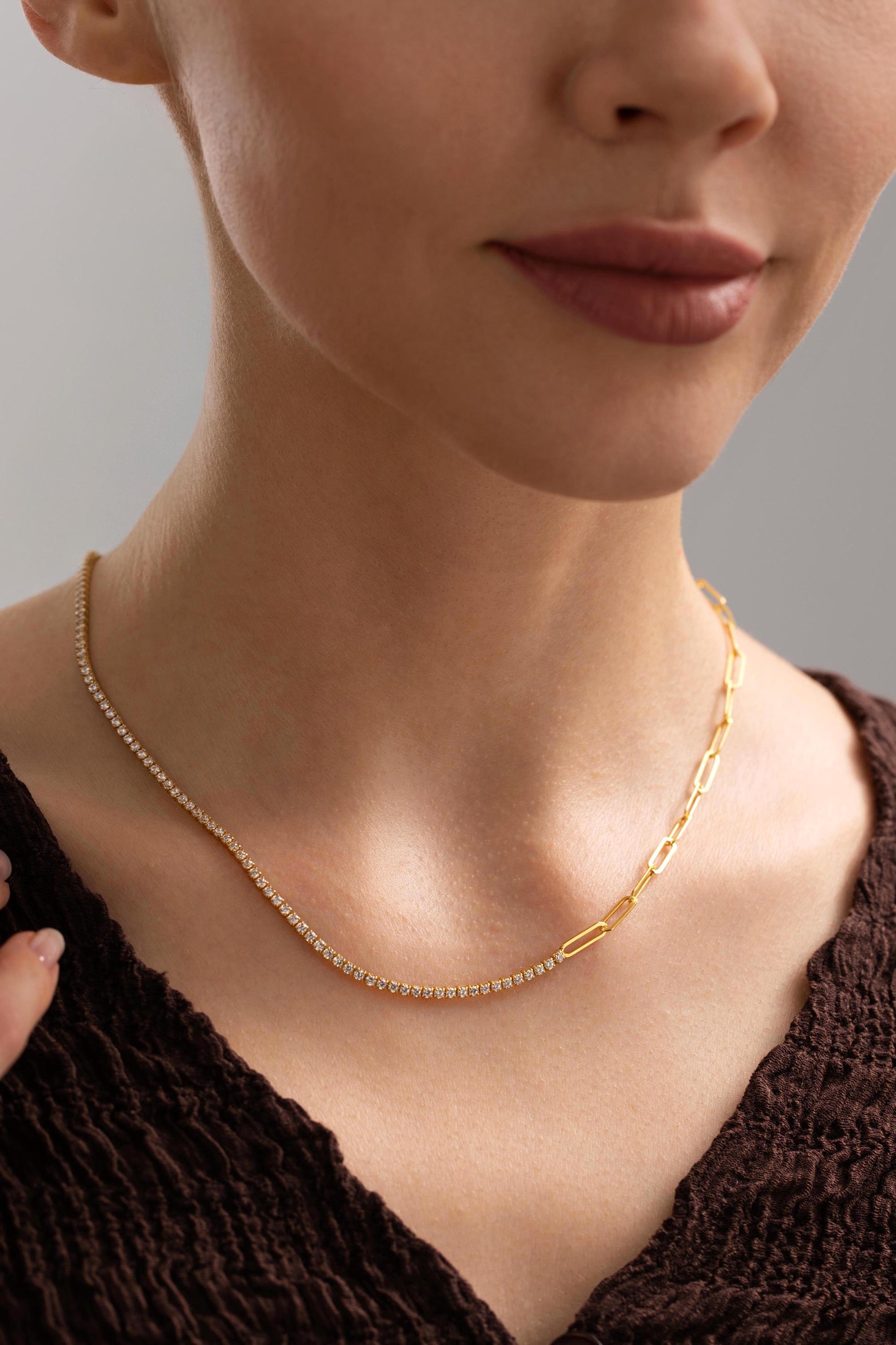 Half Tennis Half Paperclip Necklace, 925 Silver Tennis Choker Necklace, , Minimalist Wedding Necklace, Bridesmaid Gift, Wedding Jewelry Gift