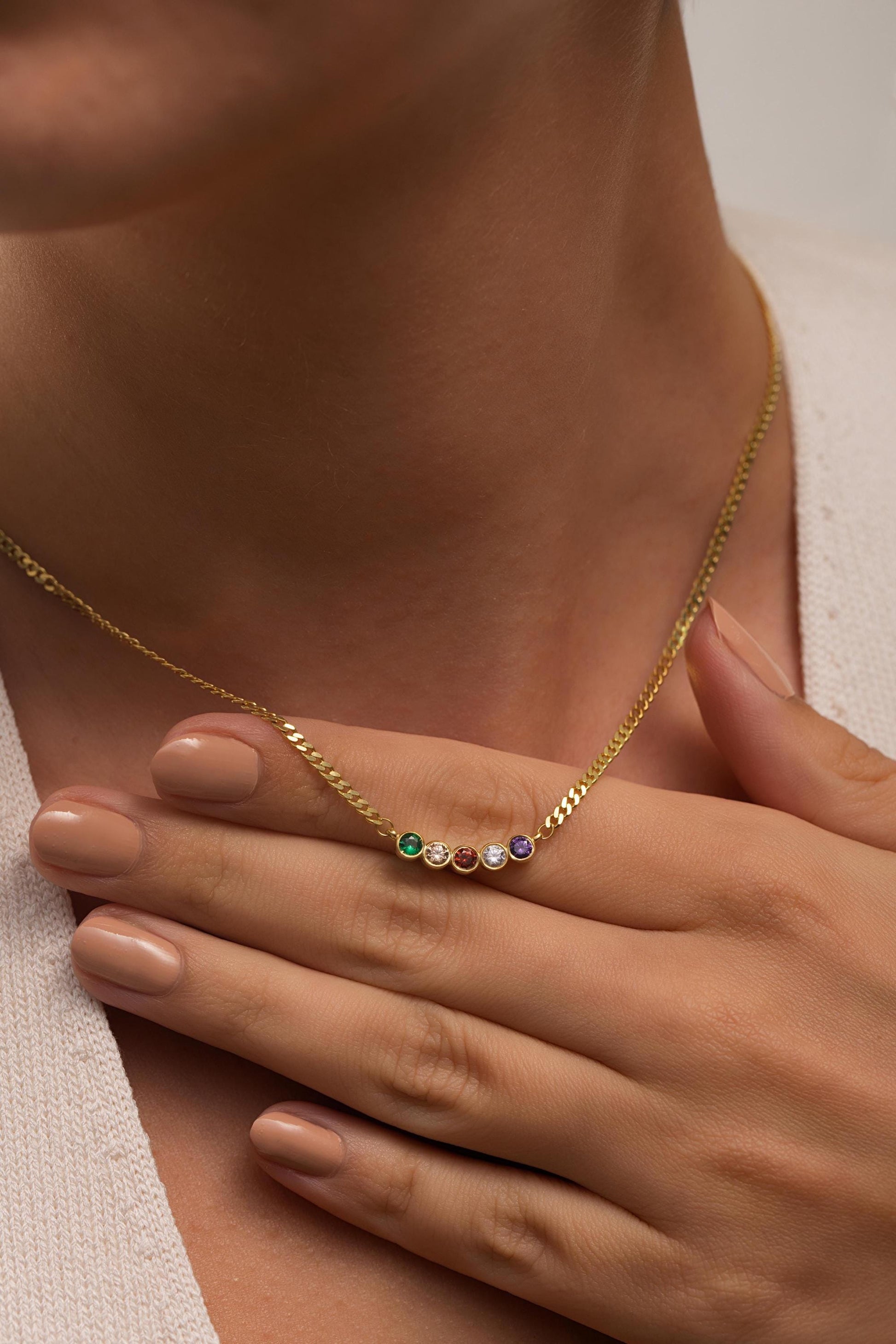 Sterling Silver Family Birthstone Necklace, Personalized Curb Chain Necklace, Mothers Day Gift