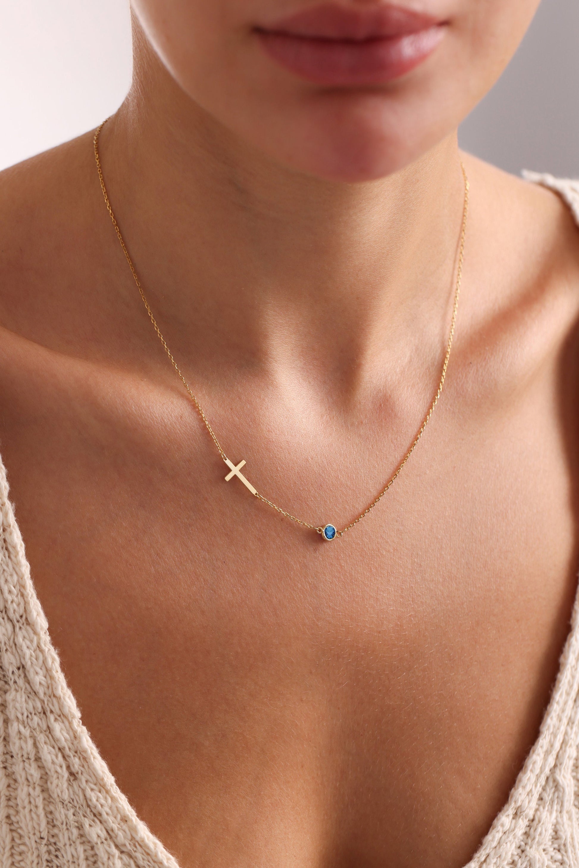 Sterling Silver Sideways Cross Necklace with Birthstone