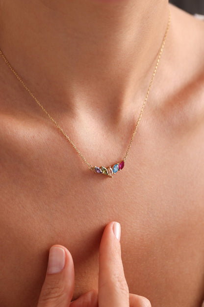 Family Birthstone Necklace, Personalized Mom Jewelry, Marquise Gemstone Pendant