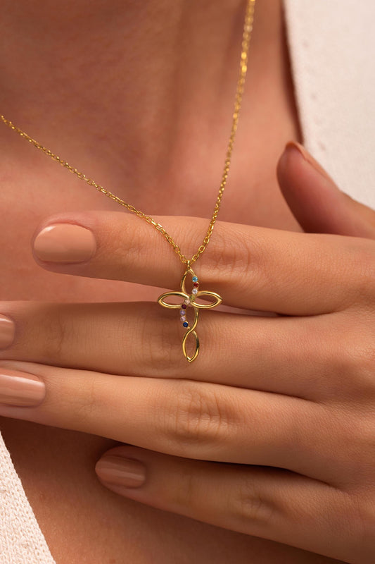 Custom Cross Necklace with Birthstone, Birthstone Necklace For Mom, Mothers Necklace, Mothers Day Gift For Mom,First Comminon Gift