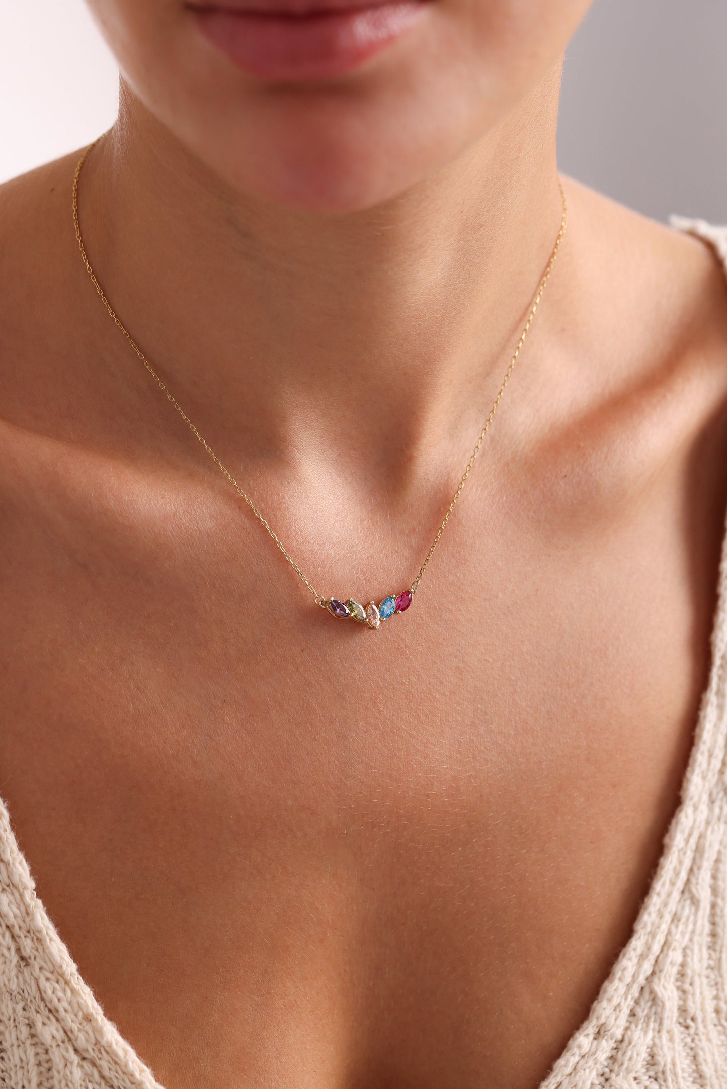 Family Birthstone Necklace, Personalized Mom Jewelry, Marquise Gemstone Pendant