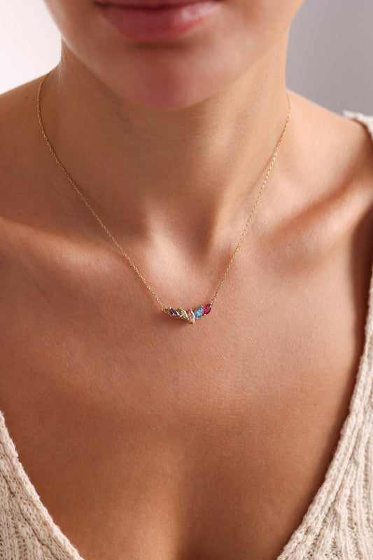 Family Birthstone Necklace, Personalized Mom Jewelry, Marquise Gemstone Pendant