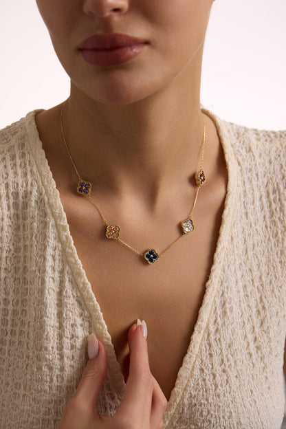 14K Gold Custom Birthstone Necklace, Custom Flower Pendant Necklace, Family Birthstone Necklace, Christmas Gift For Mom