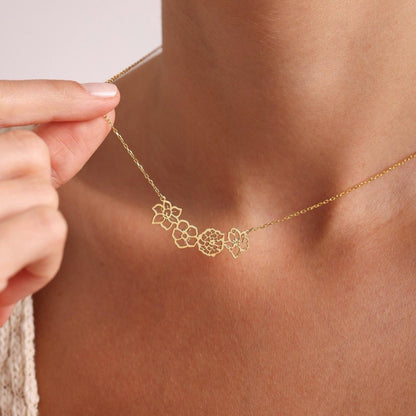 Custom Birth Flower Necklace, 14K Gold Birth Flower Bouquet Necklace, Personalized Gift, Birth flower Family Gift, Mothers Day Gifts