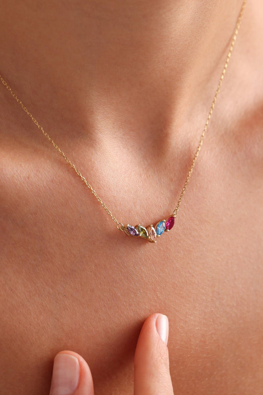 14K Solid Gold Family Birthstone Necklace, Marquise Gemstone Pendant