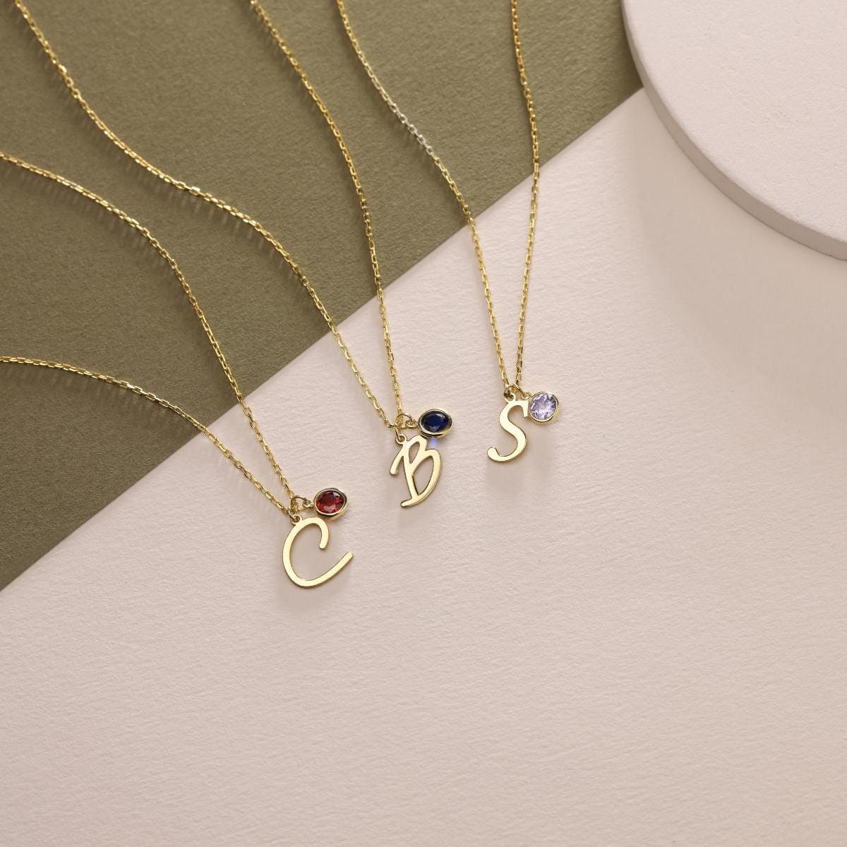 14K Solid Gold Initial Necklace with Birthstone, Personalized Letter Necklace , Christmas Gift For Her