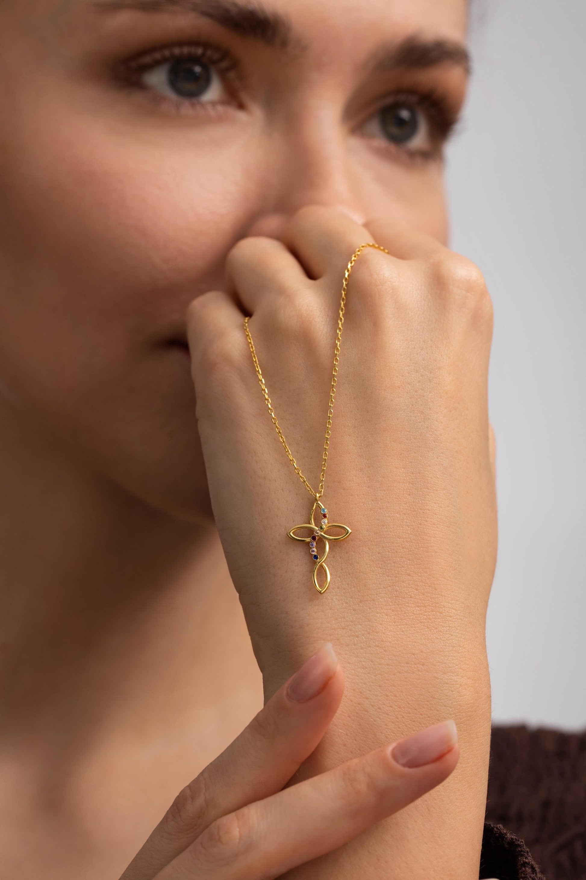 14K Gold Cross Necklace: Personalized Birthstone Family Necklace, Confirmation Gift, Baptism Gift, Minimalist Necklace, Mom Necklace