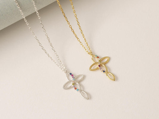 Gold Cross Necklace with Birthstone, Birthstone necklace For Mom, Confirmation Gift , Baptism Gift, Mothers Days Gift, Birthday Gift