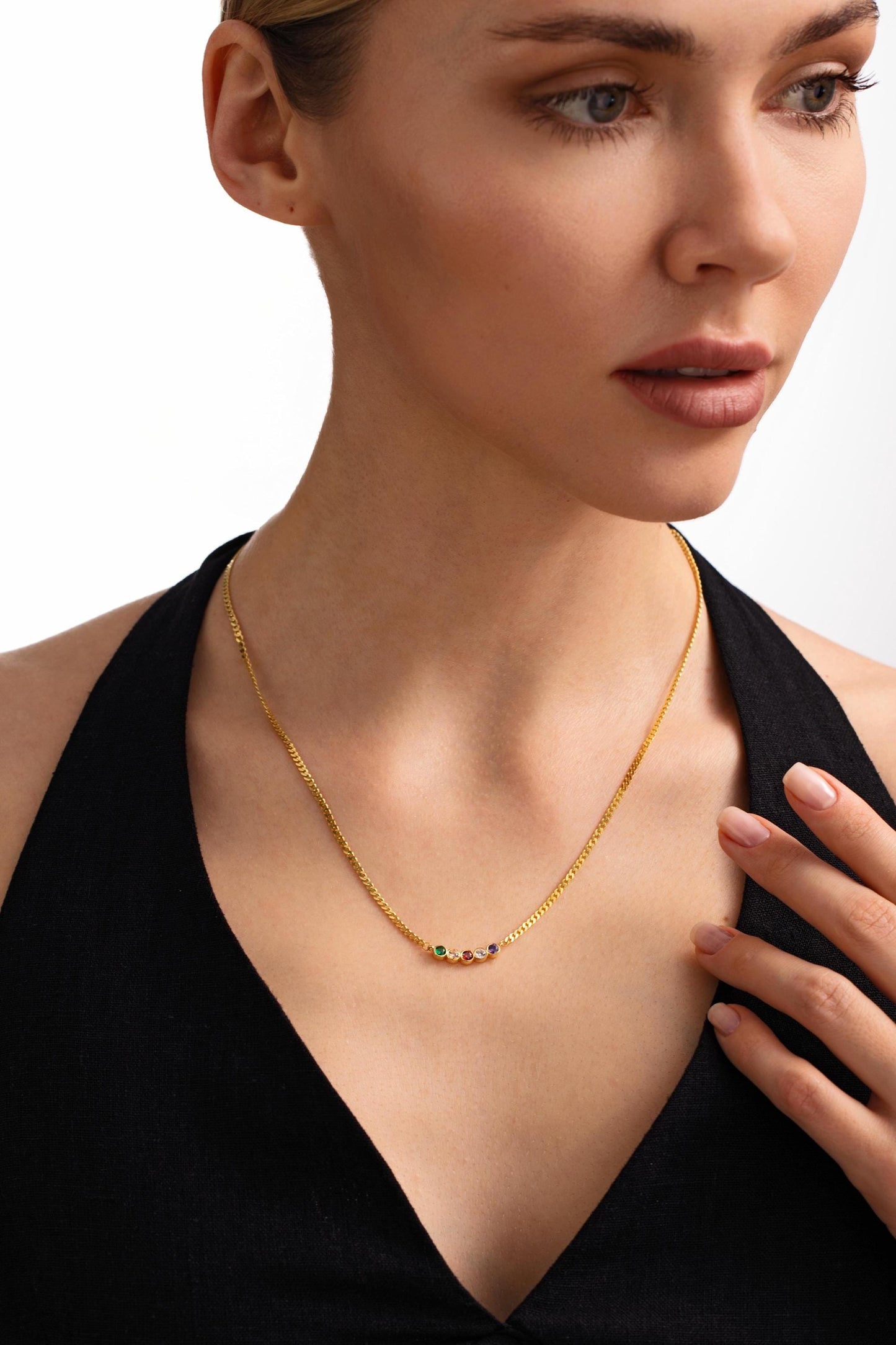 Sterling Silver Family Birthstone Necklace, Personalized Curb Chain Necklace, Mothers Day Gift