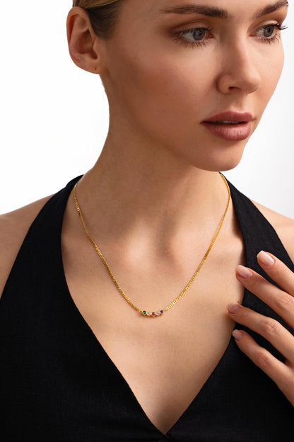 Sterling Silver Family Birthstone Necklace, Personalized Curb Chain Necklace, Mothers Day Gift