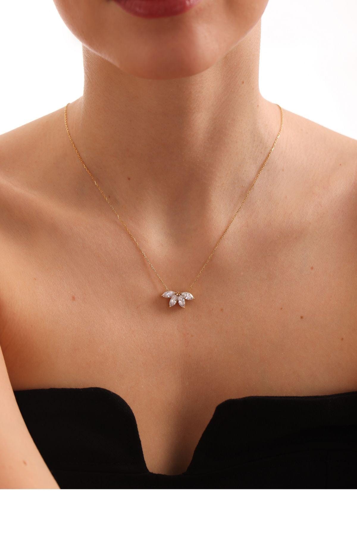 Marquise Diamond Necklace • Flower Petal Diamond Necklace • Birthstone Necklace • Bridesmaid Gift • Wedding Gift for her • Mothers Day Gift