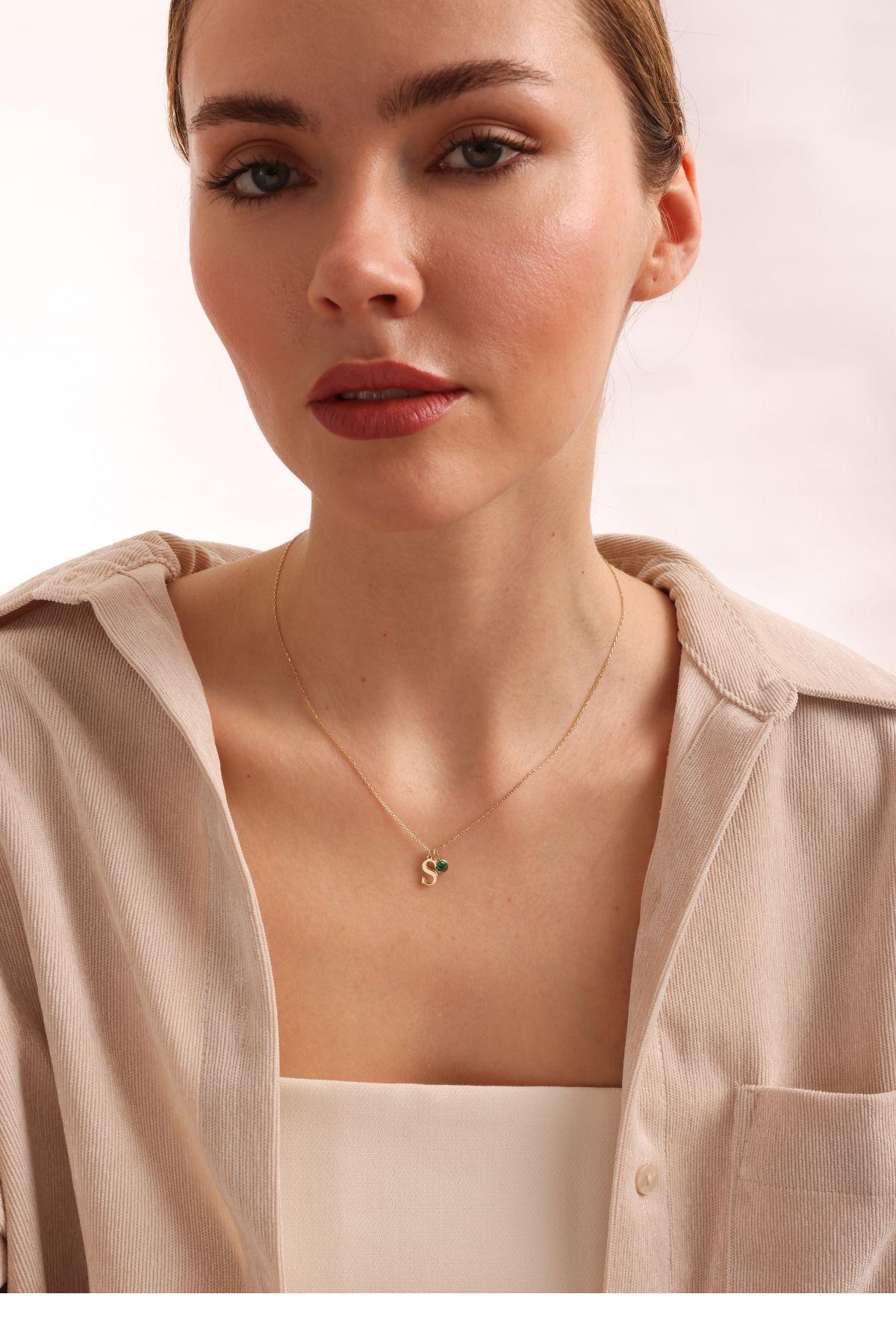 14K Solid Gold Initial Necklace with Birthstone, Personalized Letter Necklace , Christmas Gift For Her
