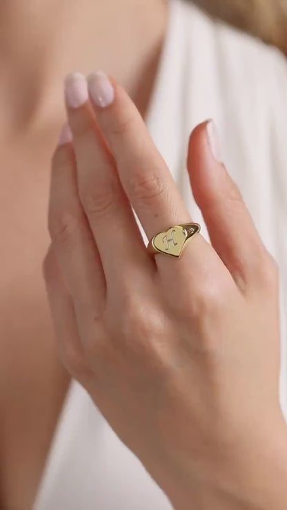 Personalized Heart Signet Ring: Engraved Initial, Sterling Silver Signet ring , engraved ring