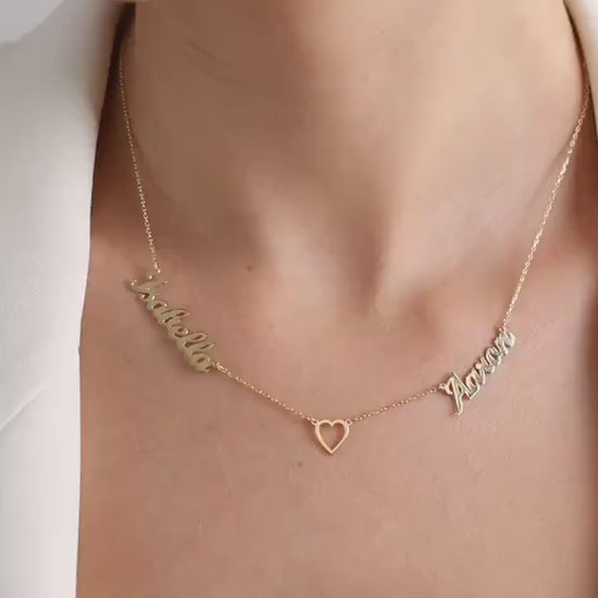 Personalized Two Names Necklace with Heart, Custom Gold Name Necklace