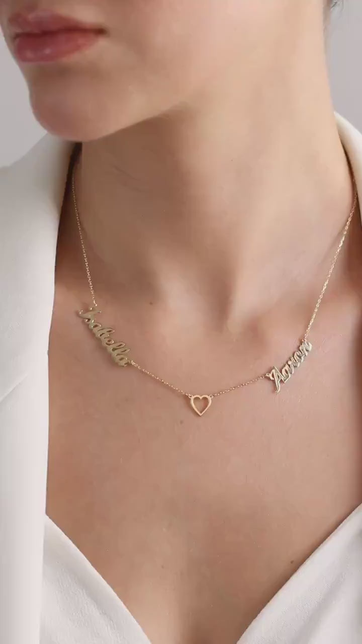 Personalized Two Names Necklace with Heart, Custom Gold Name Necklace