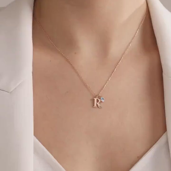 14K Solid Gold Initial Necklace with Birthstone,  Personalized Letter Necklace , Christmas Gift For Her