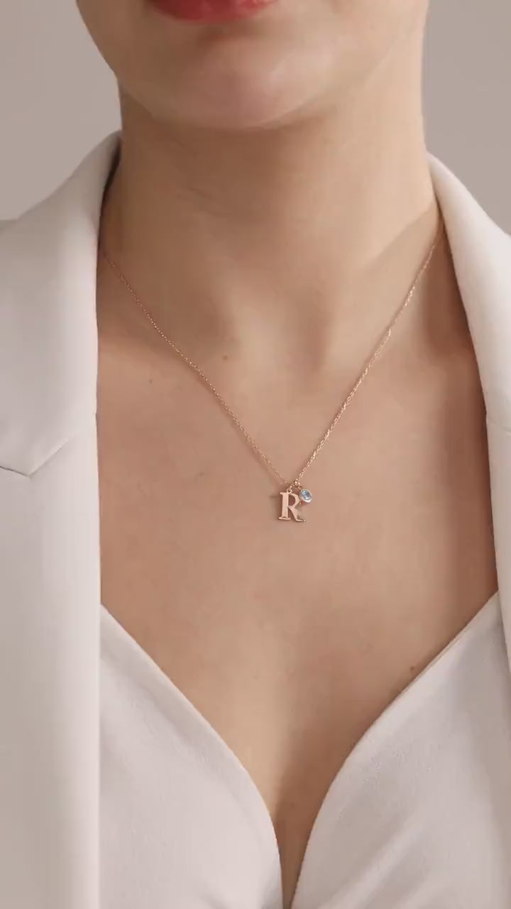 14K Solid Gold Initial Necklace with Birthstone,  Personalized Letter Necklace , Christmas Gift For Her