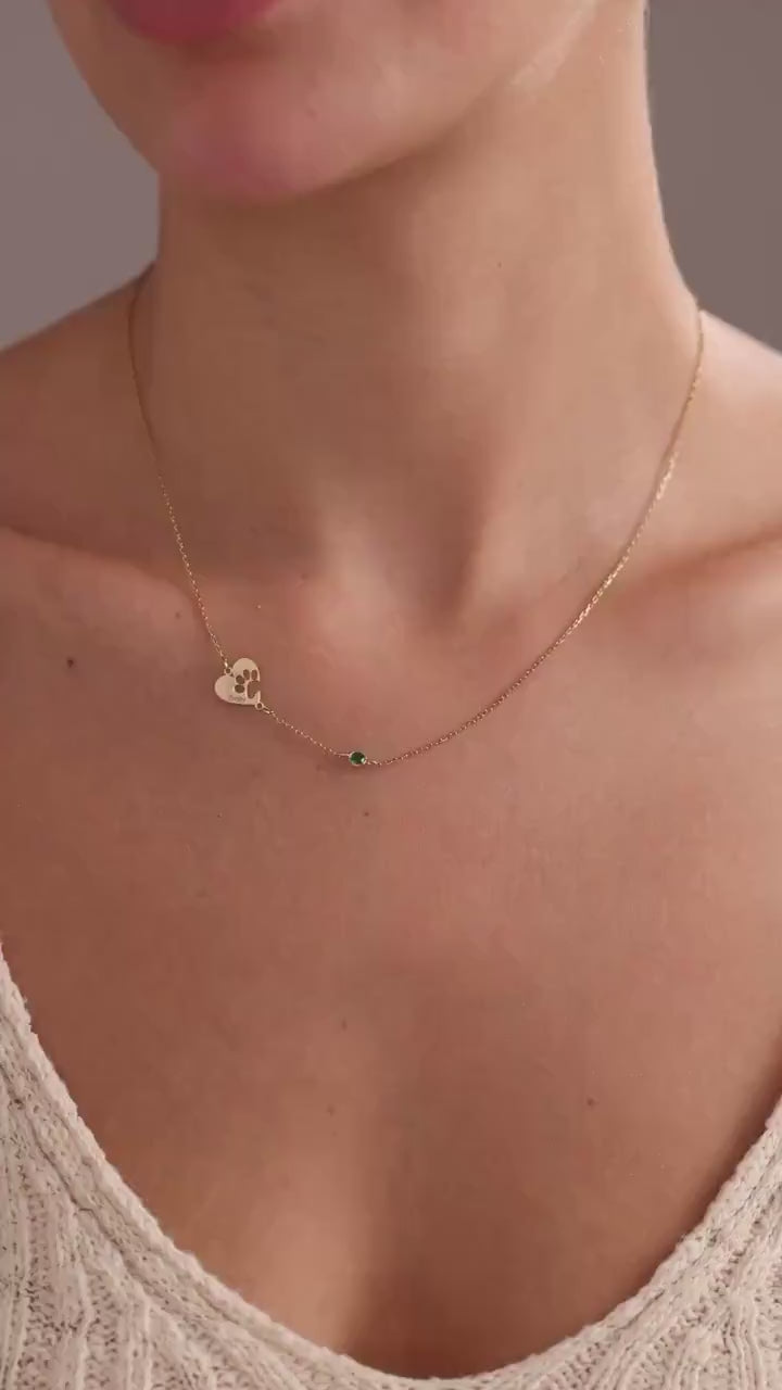 14K Solid Gold Engraved Paw Print Necklace, Pet Memorial Jewelry, Christmas Gift For Dog Mom