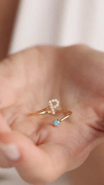 intial Birthstone Ring, Costum Birthstone Ring, Diamond Letter Birthstone Ring, Mother's Day Gift, 14K Gold initial Ring, Letter Ring