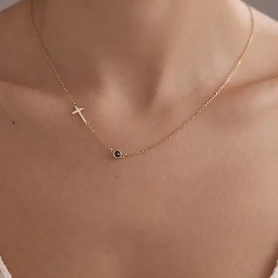 Sideways Cross with Birthstone Necklace in Gold,Dainty Gemstone Cross Necklace, Christian Gifts for Women, First Communion,Personalized Gift