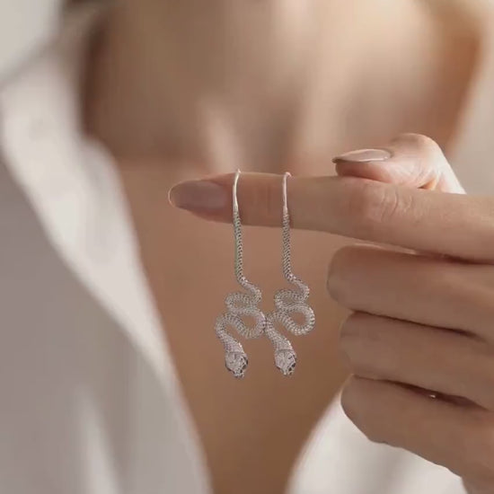 Sterling Silver Snake Earrings: Minimalist Serpent Dangle Jewelry
