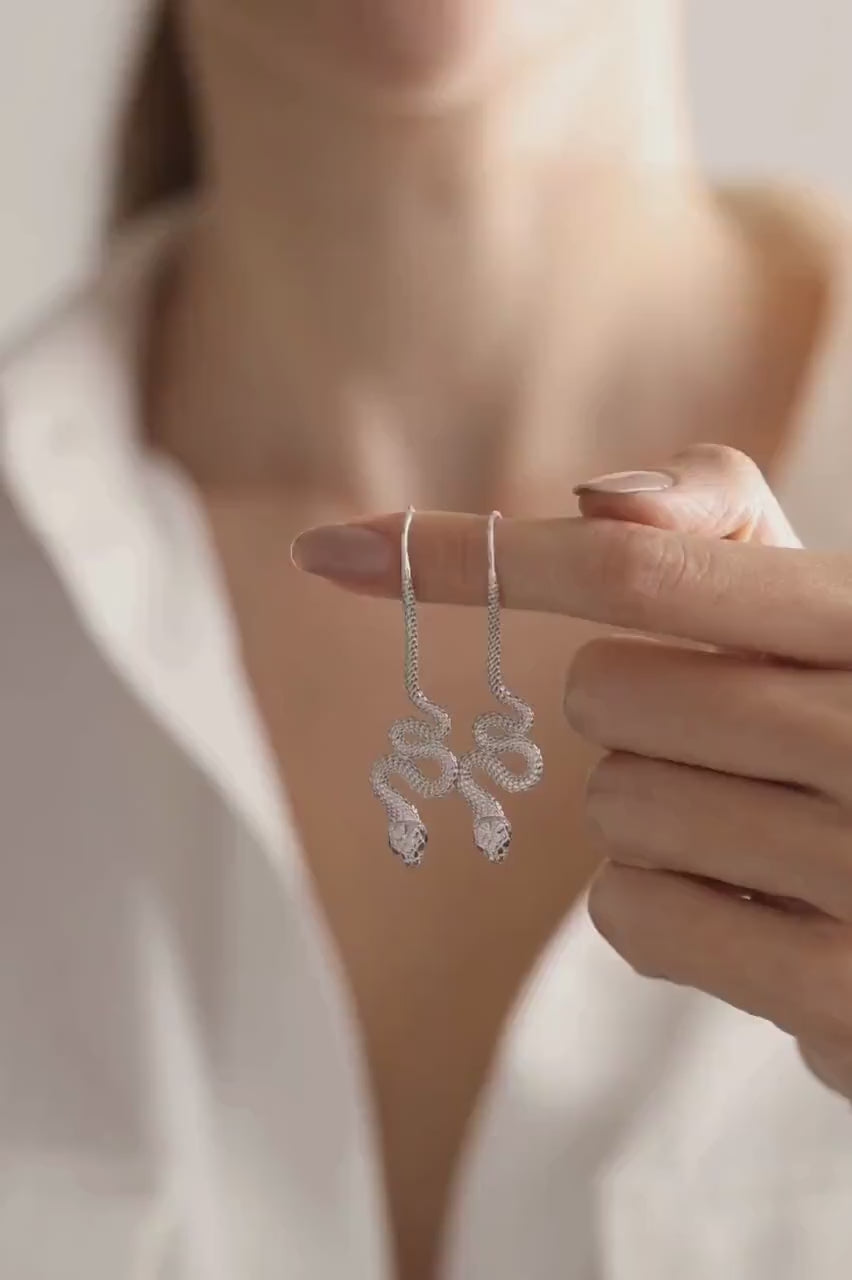 Sterling Silver Snake Earrings: Minimalist Serpent Dangle Jewelry