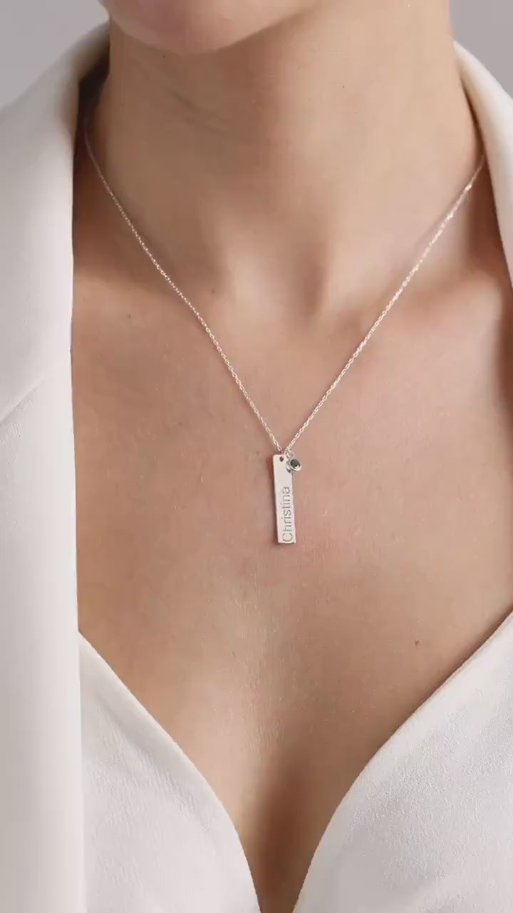 Personalized Birthstone Bar Necklace: Engraved Bar Name Necklace, Mom Gift