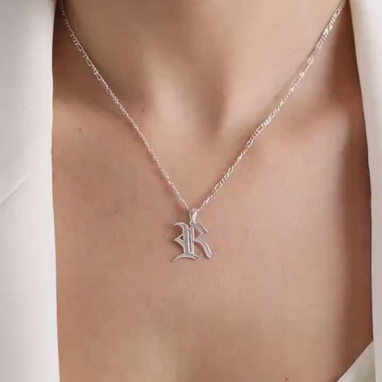 Sterling Silver Figaro Chain Old English Initial Necklace