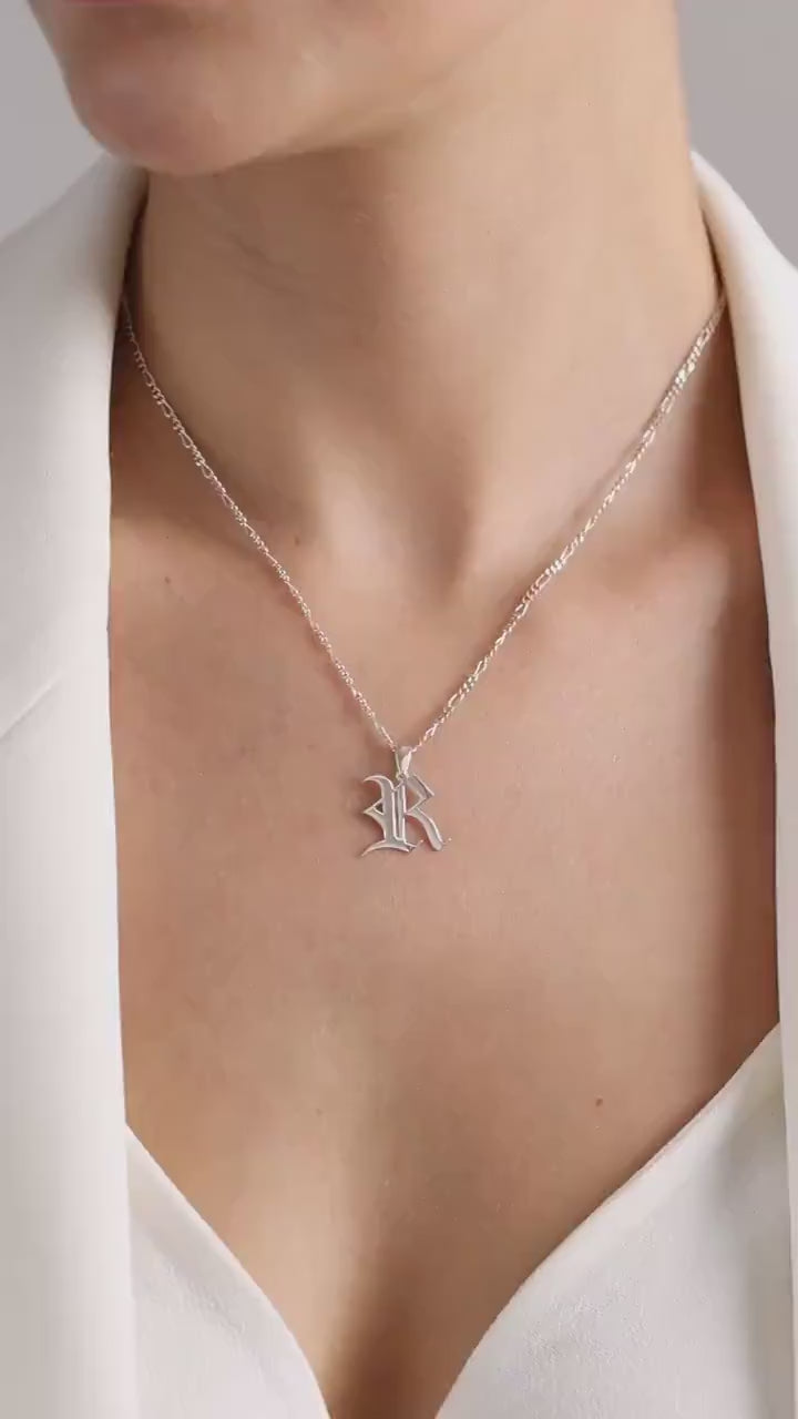 Sterling Silver Figaro Chain Old English Initial Necklace